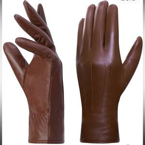 Harssidanzar Brown Leather Gloves Women Medium Winter Warm Fleece Lining NWT